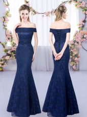 Luxury Navy Blue Mermaid Lace Wedding Guest Dresses Lace Up Sleeveless Floor Length