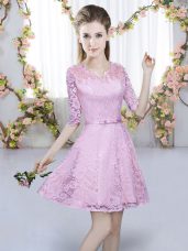 Cute Mini Length Zipper Dama Dress for Quinceanera Lilac for Prom and Party and Wedding Party with Belt