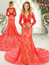 Long Sleeves Tulle Court Train Backless Prom Party Dress in Red with Lace