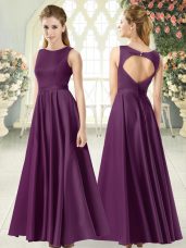 Suitable Satin Scoop Sleeveless Backless Ruching Prom Gown in Purple