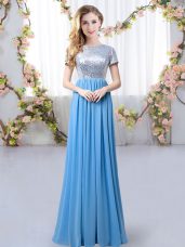 Inexpensive Blue Scoop Zipper Sequins Quinceanera Court Dresses Short Sleeves