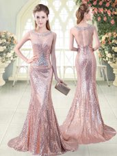 Sweet Pink Mermaid Sequined Scoop Sleeveless Beading Zipper Prom Gown Brush Train