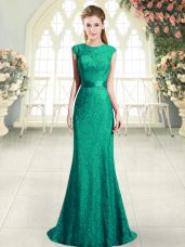 Decent Turquoise Scoop Neckline Beading and Lace Evening Dresses Cap Sleeves Backless