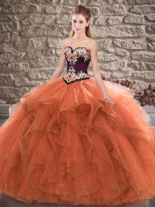 Beautiful Orange Ball Gowns Sweetheart Sleeveless Tulle Floor Length Lace Up Beading and Embroidery Quinceanera Gown