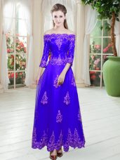 A-line Prom Dresses Purple Off The Shoulder Tulle 3 4 Length Sleeve Floor Length Lace Up