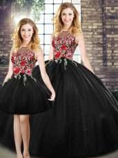 Floor Length Zipper Sweet 16 Dresses Black for Military Ball and Sweet 16 and Quinceanera with Embroidery