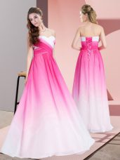 Pink And White Empire Sweetheart Sleeveless Chiffon Floor Length Lace Up Ruching Prom Gown