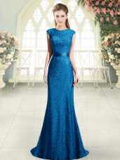 Deluxe Blue Scoop Backless Beading and Lace Juniors Evening Dress Sweep Train Cap Sleeves