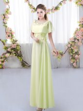 Traditional Yellow Green Chiffon Zipper Scoop Short Sleeves Floor Length Quinceanera Dama Dress Appliques
