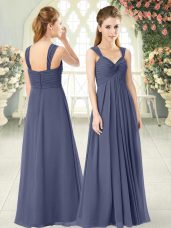 Attractive Blue Empire Chiffon Straps Sleeveless Ruching Floor Length Zipper Prom Dresses