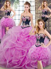 Low Price Lilac Lace Up Ball Gown Prom Dress Embroidery and Ruffles Sleeveless Sweep Train