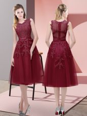 Artistic Tea Length Lace Up Dress for Prom Burgundy for Prom and Party with Beading and Lace and Appliques