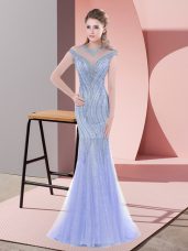Noble Baby Blue Sleeveless Sweep Train Beading and Lace Prom Dress