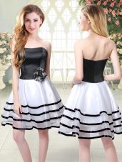 Ruffled Layers and Hand Made Flower Evening Dress White And Black Zipper Sleeveless Mini Length