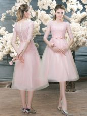 Exquisite Scoop Half Sleeves Prom Party Dress Tea Length Lace Pink Tulle