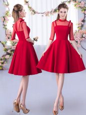 Red High-neck Neckline Ruching Wedding Party Dress Half Sleeves Zipper