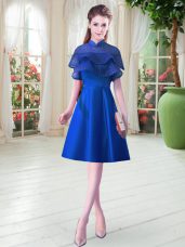 Cap Sleeves Satin Knee Length Lace Up Evening Dress in Royal Blue with Ruffled Layers