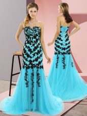 Fantastic Aqua Blue Prom Dress Prom and Party with Appliques Sweetheart Sleeveless Sweep Train Lace Up