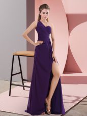 Gorgeous Purple Empire One Shoulder Sleeveless Chiffon Sweep Train Backless Beading and Ruching Dress for Prom