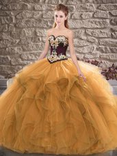 Orange Ball Gowns Sweetheart Sleeveless Tulle Floor Length Lace Up Beading and Embroidery Sweet 16 Dress