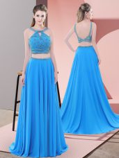 Blue Two Pieces Beading Prom Dresses Backless Chiffon Sleeveless