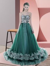 Dazzling Dark Green Sleeveless Beading Lace Up Evening Wear