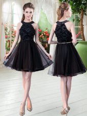 Affordable Mini Length Black Evening Dress Tulle Sleeveless Belt