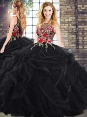 Black Sleeveless Embroidery and Ruffles Quinceanera Gowns