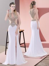 Sleeveless Sweep Train Lace Up Beading and Lace Prom Gown