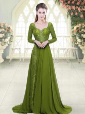 Glittering Olive Green Prom Dresses Sweetheart Long Sleeves Sweep Train Backless