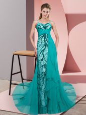 Teal Sleeveless Sweep Train Beading and Lace Evening Dresses