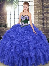 Edgy Royal Blue Sleeveless Organza Sweep Train Lace Up Quinceanera Dresses for Military Ball and Sweet 16 and Quinceanera