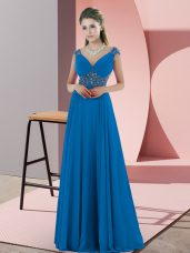 Blue V-neck Backless Beading Prom Evening Gown Sweep Train Sleeveless