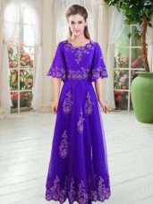 Chic Lace Evening Party Dresses Purple Lace Up Half Sleeves Floor Length