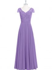 Lavender Empire Lace Prom Party Dress Zipper Chiffon Cap Sleeves Floor Length