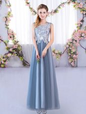 Blue Scoop Neckline Lace Wedding Party Dress Sleeveless Lace Up