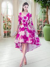 Affordable Fuchsia Lace Lace Up Prom Party Dress Half Sleeves High Low Belt
