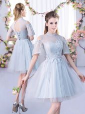 Grey Bridesmaids Dress Prom and Party and Wedding Party with Lace High-neck Short Sleeves Lace Up