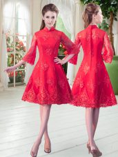 Lovely High-neck 3 4 Length Sleeve Zipper Lace Dress for Prom in Red