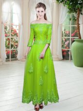 Pretty A-line Tulle Off The Shoulder 3 4 Length Sleeve Lace Floor Length Lace Up Prom Gown