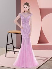 Sumptuous Cap Sleeves Beading Lace Up Evening Wear with Pink Sweep Train