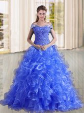 Extravagant Blue A-line Beading and Lace and Ruffles Quinceanera Dresses Lace Up Organza Sleeveless