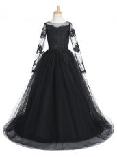 Black Little Girls Pageant Dress Scoop Long Sleeves Brush Train Clasp Handle