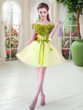 Yellow Green Off The Shoulder Lace Up Beading and Appliques Prom Dress Sleeveless