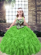 Sleeveless Floor Length Embroidery and Ruffles Lace Up Kids Pageant Dress with