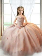 Fashion Sleeveless Tulle Floor Length Lace Up Girls Pageant Dresses in Pink with Beading and Appliques