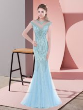 Baby Blue Scoop Neckline Beading Prom Gown Cap Sleeves Zipper