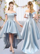 A-line Bridesmaid Dresses Light Blue Off The Shoulder Satin Sleeveless High Low Lace Up