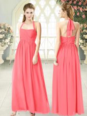 Most Popular Floor Length Watermelon Red Evening Dress Chiffon Sleeveless Ruching