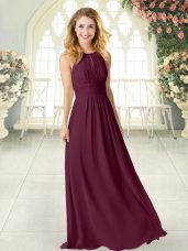 Customized Scoop Sleeveless Prom Evening Gown Floor Length Ruching Burgundy Chiffon